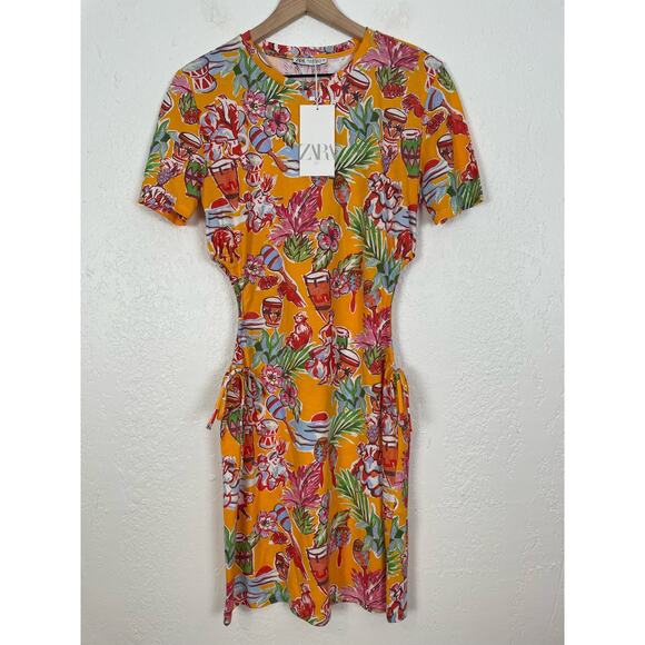 Zara Tropical Print Cut-Out Shirt Dress NWT Size Medium - Picture 3 of 6